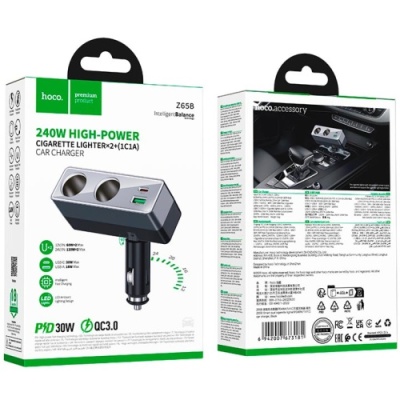 Розгалужувач прикурювача Hoco Z65B PD48W+QC3.0 (2 роз'єми прикурювача/1USB/1Type-C) (чорний)