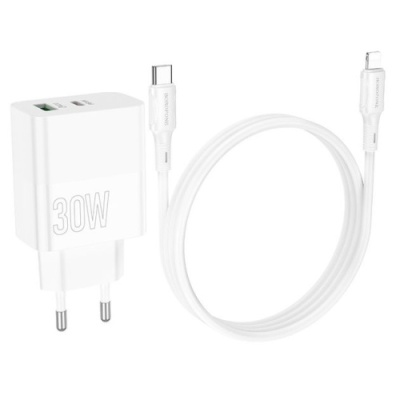 мережевий зарядний пристрій borofone ba75a powerfull 1usb/18w/qc3.0 + 1type-c/30w/pd + (type-c - lightning) (бiлий) 