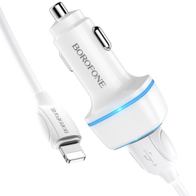 Автомобільний Зарядний Пристрій Borofone BZ14 2USB/2.4A + (USB - Lightning) (Білий)