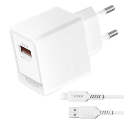 мережевий зарядний пристрій earldom es-eu45l 1usb/18w/qc3.0 + (usb - lightninig) (білий) 