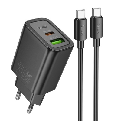 мережевий зарядний пристрій hoco n61 1usb/18w/qc3.0 + 1type-c/20w/pd + (type-c - type-c) (чорний) 