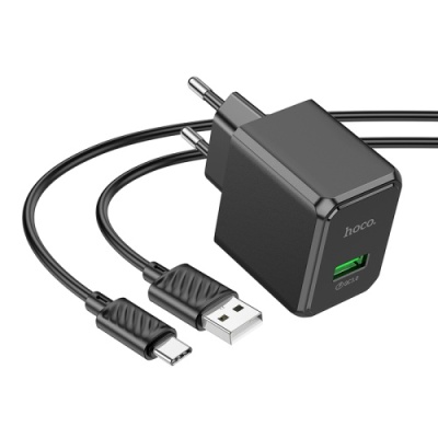 мережевий зарядний пристрій hoco cs12a 1usb/18w/qc3.0 + (usb - type-c) (чорний) 