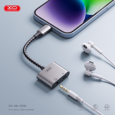 перехідник xo nb-r258b lightning(male) to lightning(female) + 3.5mm (сірий) 