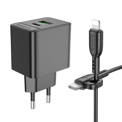 мережевий зарядний пристрій borofone bas14a erudite 1usb/18w/qc3.0 + 1type-c/20w/pd + (type-c - lightning) (чорний) 