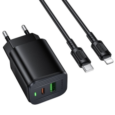 мережевий зарядний пристрій borofone bas83a pd20w + qc3.0 (1usb/1type-c/3a) + type-c - lightning (чорний) 