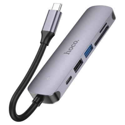usb hub hoco hb28 type-c multi-function converter (hdtv+usb3.0+usb2.0+sd+tf+pd) (металево-сірий) 