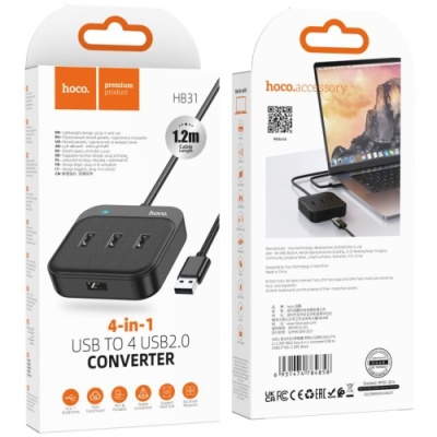 usb hub hoco hb31 easy 4-in-1 converter (usb to usb2.0*4) 1,2m. black 