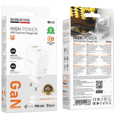 мережевий зарядний пристрій borofone bn30 1usb/18w/qc3.0 + 1type-c/45w/pd + (type-c - type-c) (білий) 