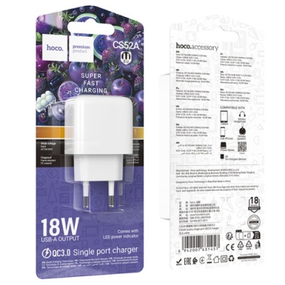 мережевий зарядний пристрій hoco cs52a 1usb/18w/qc3.0 (білий) 