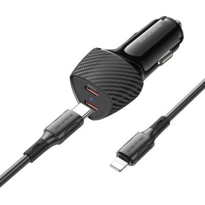 Автомобільний Зарядний Пристрій Borofone BZ31D 2Type-C/60W/PD + (Type-C - Lightning) (Чорний)