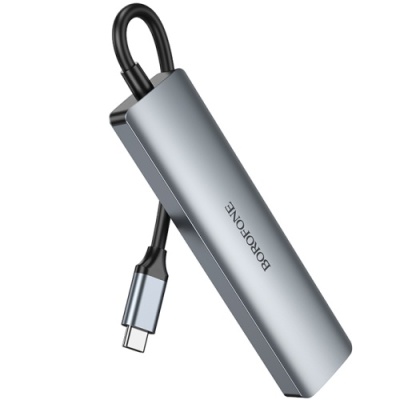 usb hub borofone dh15 6-in-1 type-c to hdmi+pd+usb3.0+usb2.0+sd+tf(l=0.15m) (сiрий) 