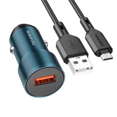Автомобільний Зарядний Пристрій Borofone BZ19A Wisdom 1USB/18W/QC3.0 + (USB - MicroUSB) (Синій)