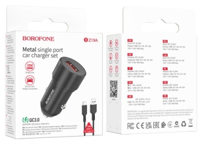 Автомобільний Зарядний Пристрій Borofone BZ19A Wisdom 1USB/18W/QC3.0 + (USB - Type-C) (Чорний)