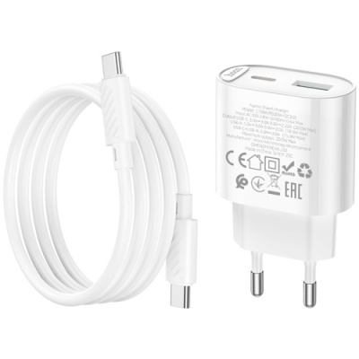 мережевий зарядний пристрій hoco c109a new 1usb/18w/qc3.0 + 1type-c/20w/pd + (type-c - type-c) (білий) 