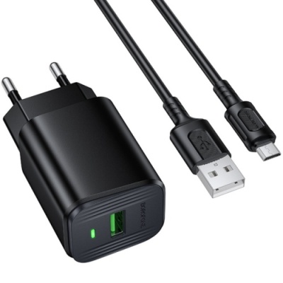мережевий зарядний пристрій borofone bas82a qc3.0 (1usb/3a) + usb - microusb (чорний) 