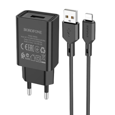 мережевий зарядний пристрій borofone ba68a 1usb/2.1a + (usb - lightning) (чорний) 