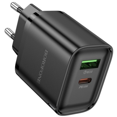 мережевий зарядний пристрій borofone ba83a 1usb/18w/qc3.0 + 1type-c/20w/pd (чорний) 