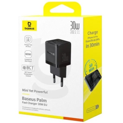 мережевий зарядний пристрій baseus palm fast charger (p1011160a113-00) 1usb/qc3.0 + 1type-c/pd 30w (чорний) 