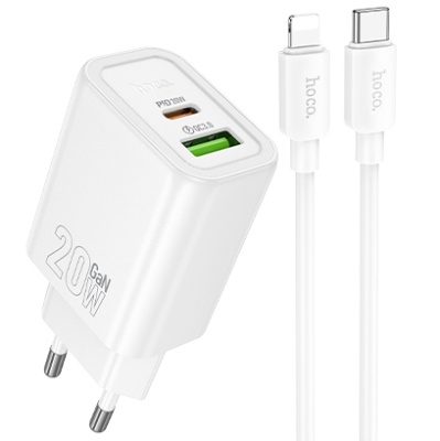мережевий зарядний пристрій hoco n61 1usb/18w/qc3.0 + 1type-c/20w/pd + (type-c - lightning) (білий) 