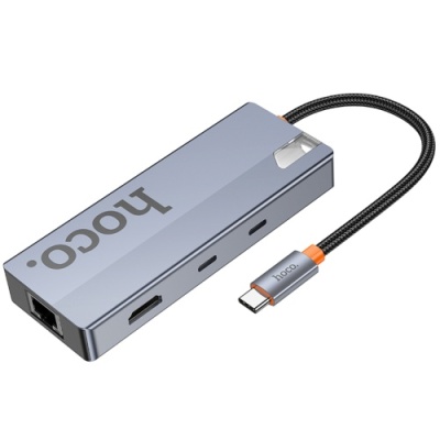 usb hub hoco hb52 type-c 8-in-1 (hdtv+rj45-100mbps+sd/tf+pd+type-c3.0+usb3.0*2) (сірий) 