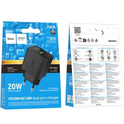 мережевий зарядний пристрій hoco cs83a 1usb/18w/qc3.0 + 1type-c/20w/pd (чорний) 