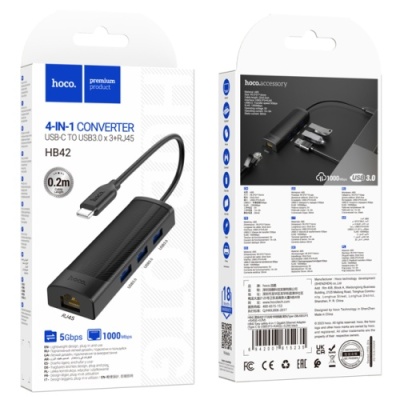 usb hub hoco hb42 4-in-1 (type-c to usb3.0*3+rj45 1gbps) (l=0.2m) (чорний) 