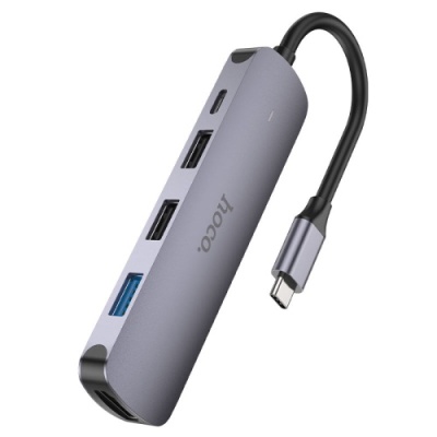 usb hub hoco hb27 type-c multi-function converter (hdtv+usb3.0+usb2.0*2+pd) (металево-сірий) 