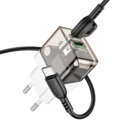 мережевий зарядний пристрій borofone ba80a 1usb/18w/qc3.0 + 1type-c/20w/pd + (type-c - type-c) (прозоро-чорний) 