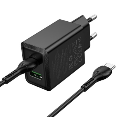 мережевий зарядний пристрій hoco n69 1usb/18w/qc3.0 + 1type-c/20w/pd + (type-c - type-c) (чорний) 