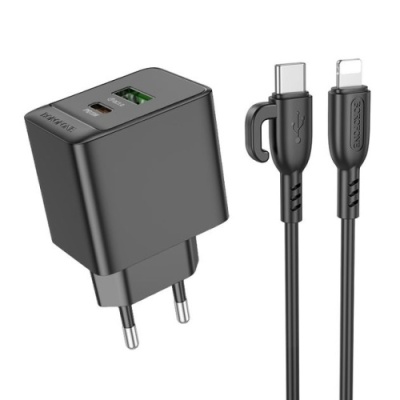 мережевий зарядний пристрій borofone bas14a erudite 1usb/18w/qc3.0 + 1type-c/20w/pd + (type-c - lightning) (чорний) 