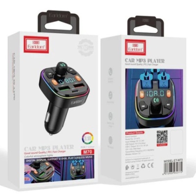 FM Модулятор Earldom ET-M70 PD18W/RGB 7 colors/USB/USB-C/U-Disk/3.1A (Чорний)