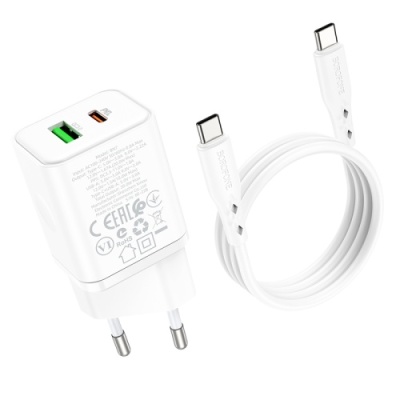 мережевий зарядний пристрій borofone bn7 1usb/18w/qc3.0 + 1type-c/20w/pd + (type-c - type-c) (бiлий) 