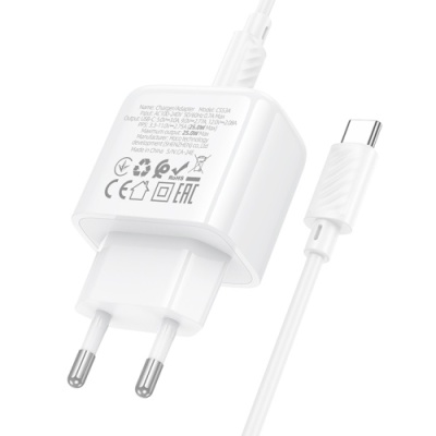 мережевий зарядний пристрій hoco cs53a 1type-c/25w/pd + (type-c - type-c) (бiлий) 