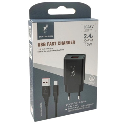 мережевий зарядний пристрій skydolphin sc36v 1usb/2.4a + (usb - microusb) (чорний) 