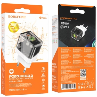 мережевий зарядний пристрій borofone ba80a 1usb/18w/qc3.0 + 1type-c/20w/pd (прозоро-чорний) 