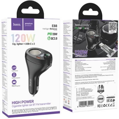 FM Модулятор Hoco E88 (2Type-C/PD35W+QC3.0) + прикурювач (Чорний)
