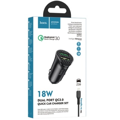 Автомобільний Зарядний Пристрій Hoco Z39 Farsighted 2USB/18W/QC3.0 + (USB - Lightning) (Чорний)