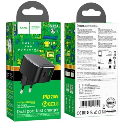 мережевий зарядний пристрій hoco cs32a rise 1usb/18w/qc3.0 + 1type-c/20w/pd (чорний) 