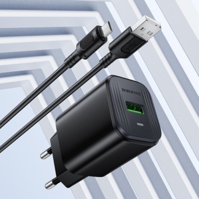 мережевий зарядний пристрій borofone bas82a qc3.0 (1usb/3a) + usb - microusb (чорний) 
