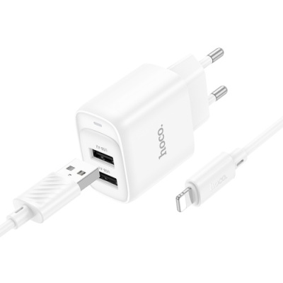 мережевий зарядний пристрій hoco c141a 2usb/2.1a + (usb - lightning) (білий) 