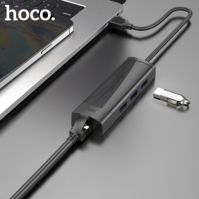 usb hub hoco hb42 easy safety 4-in-1 gigabit ethernet adapter(usb to usb3.0*3+rj45) black 