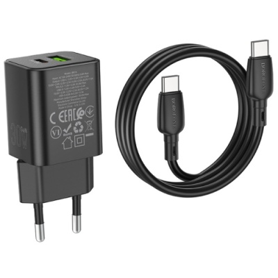 мережевий зарядний пристрій borofone bn14 1usb/30w/qc3.0 + 1type-c/30w/pd + (type-c - type-c) (чорний) 