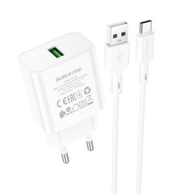 мережевий зарядний пристрій borofone ba72a spring 1usb/18w/qc3.0 + (usb - type-c) (білий) 