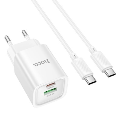 мережевий зарядний пристрій hoco c149a 1usb/18w/qc3.0 + 1type-c/30w/pd + (type-c - type-c) (бiлий) 
