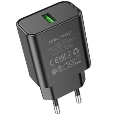 мережевий зарядний пристрій borofone ba72a spring 1usb/18w/qc3.0 (чорний) 