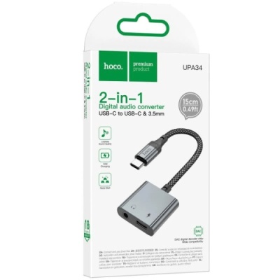 перехідник hoco upa34 type-c - type-c power + jack 3.5 (сірий) 