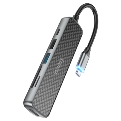 usb hub hoco hb24 easy display type-c multi-f adapter (hdmi+usb3.0+usb2.0+sd+tf+pd) metal gray 