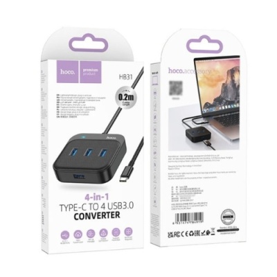usb hub hoco hb31 easy 4-in-1 converter (type-c to usb3.0*4) 0,2m. black 