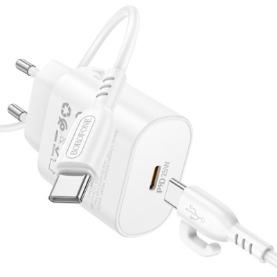 мережевий зарядний пристрій borofone ba82a power 1type-c/25w/pd + (type-c - type-c) (білий) 