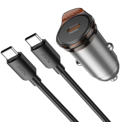 Автомобільний Зарядний Пристрій Hoco NZ16 PD30W (1Type-C) + (Type-C - Type-C) (сірий)